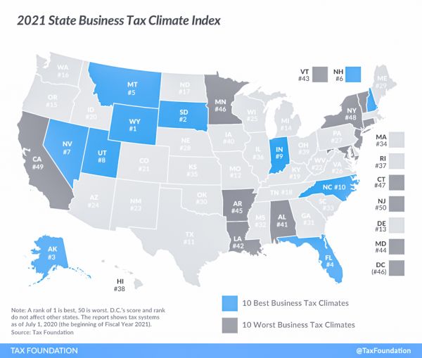 map of states with the best tax code for business in 2021 | Tax Benefits Of Living In Wyoming
