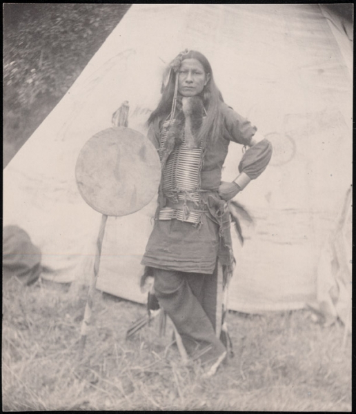 black and white photo of Little Finger, a Sioux indian who was a part of Buffalo Bills travelling wild west show