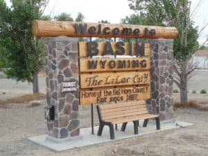 Welcome sign to Basin, Wyoming